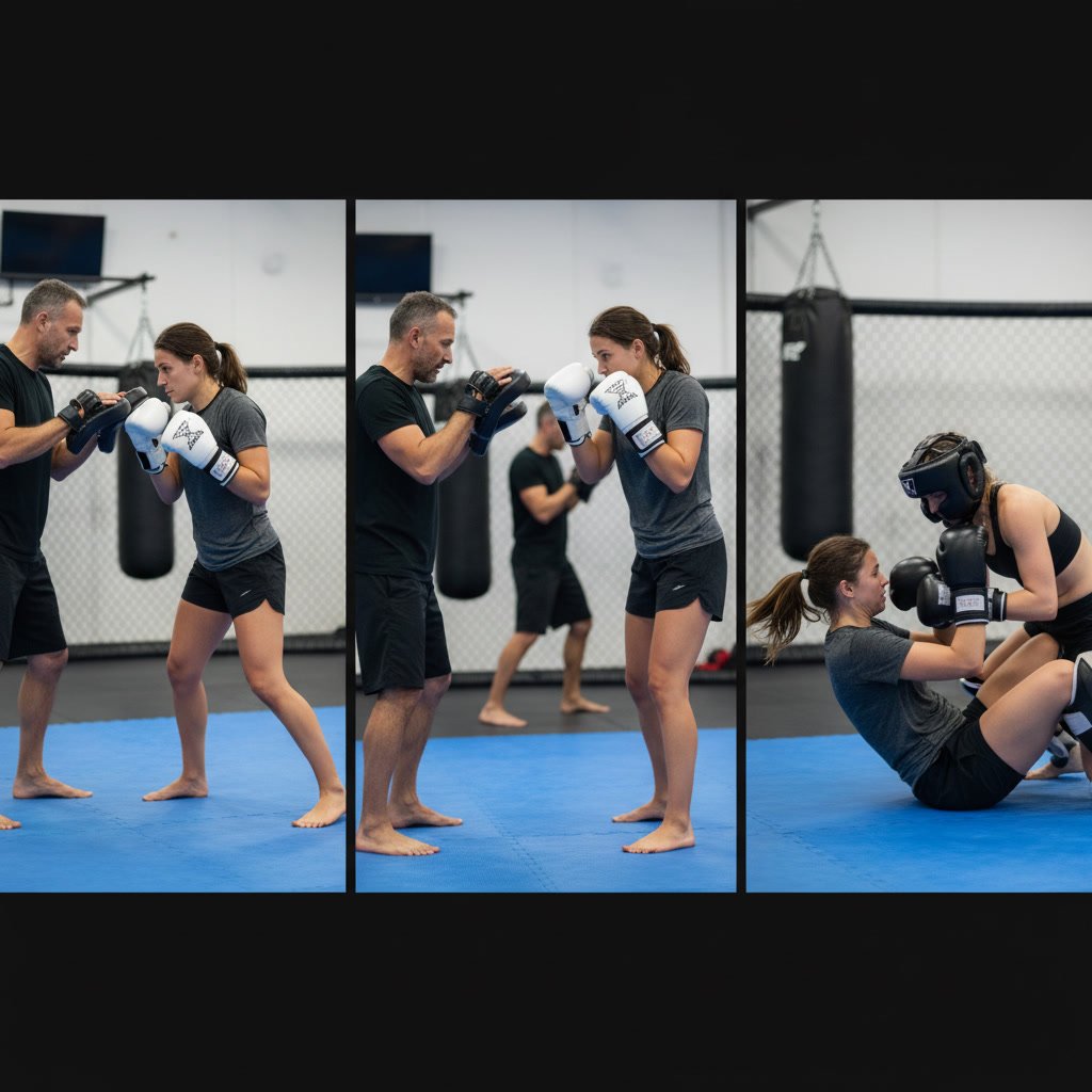 Beginner MMA students practicing grappling techniques with training partner