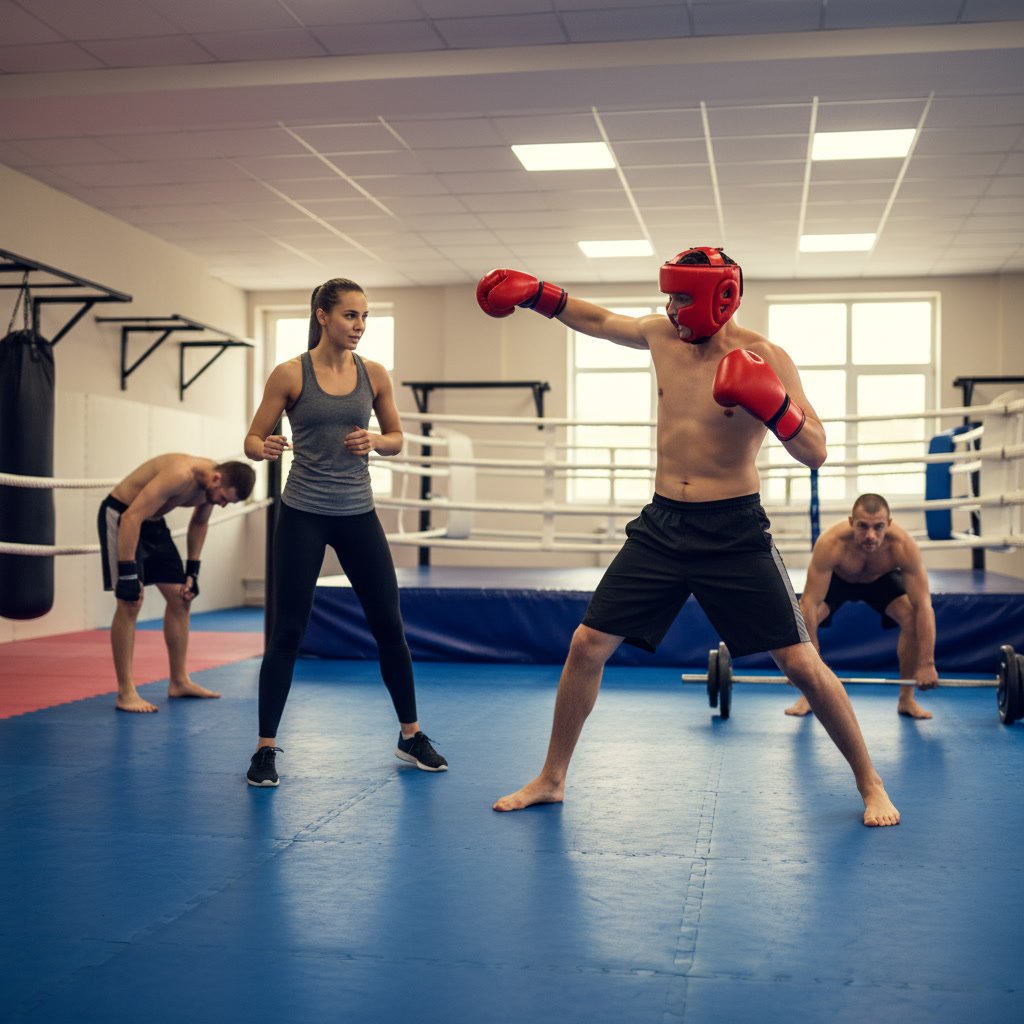 MMA instructor demonstrating proper technique to beginner student
